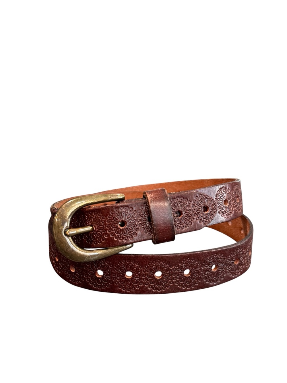 Fossil women’s size small brown leather belt BT4106200 floral stamped tooled